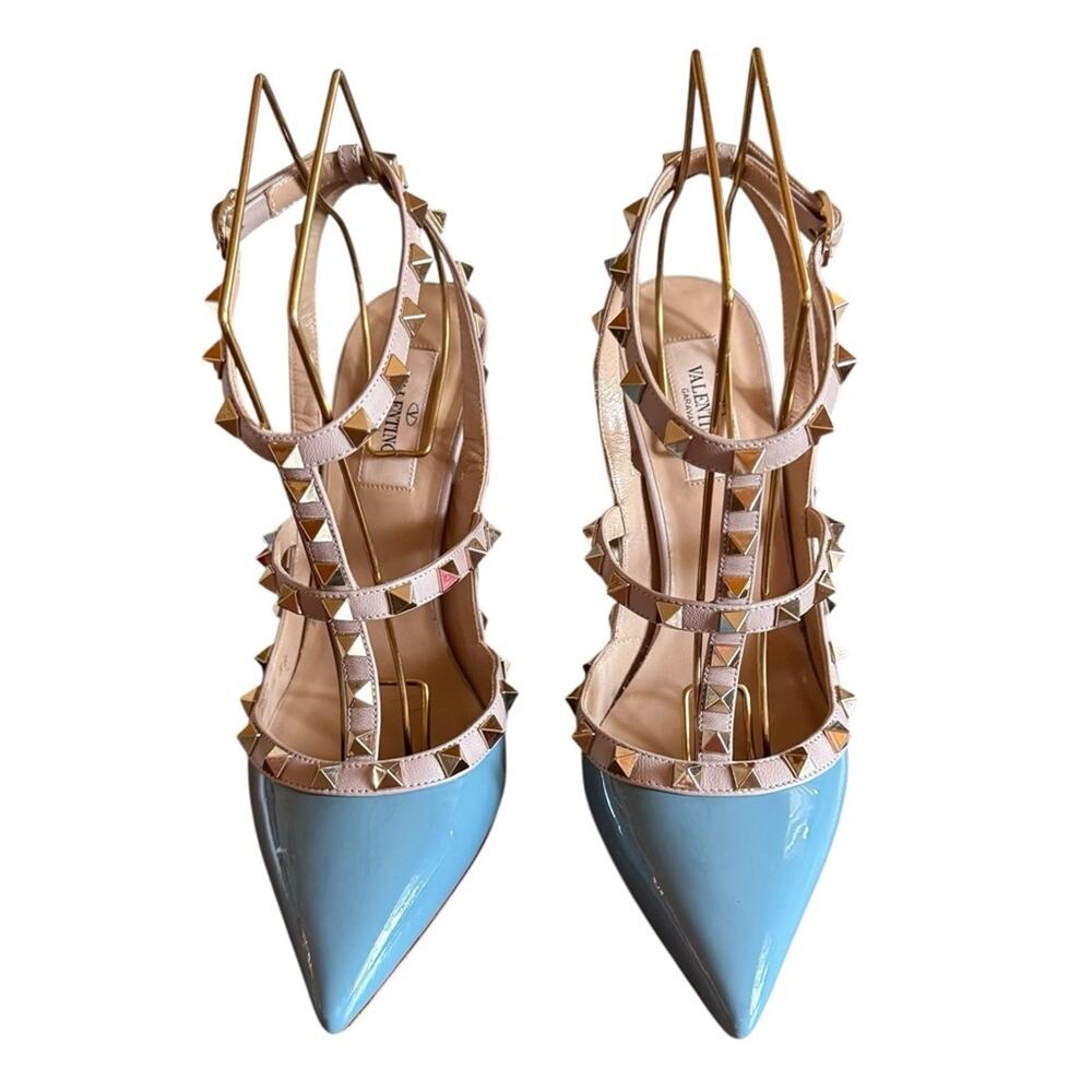 Valentino Garavani Rockstud  Blue Ciel Leather T Ankle Strap Pumps EU 38 US 8 - Picture 2 of 14